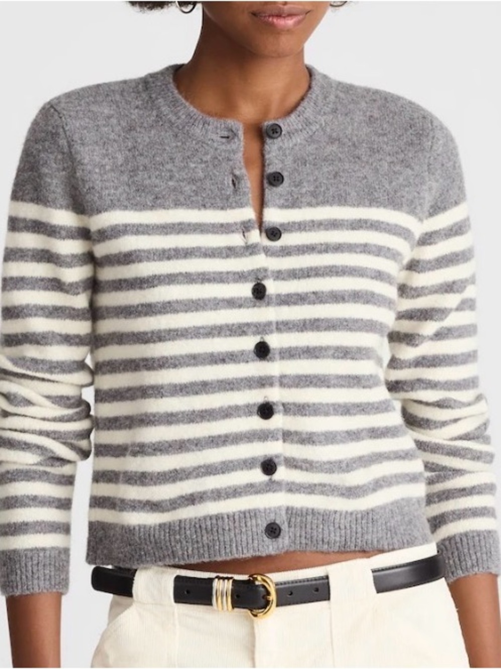 Madewell Gray and Cream Striped Cloudsoft Shrunken Cardigan